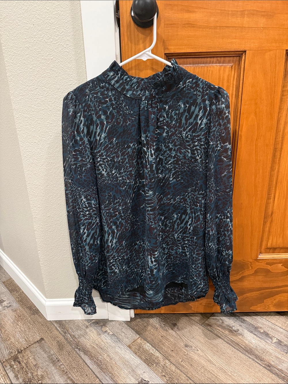 APRICOT Teal and Black Abstract Pattern High-Neck Long-Sleeve Blouse